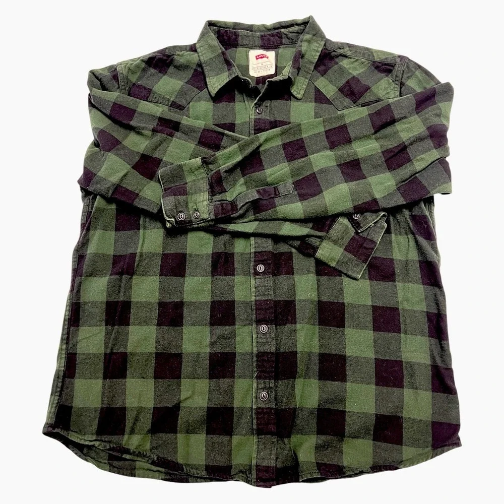 Levi's Men's Flannel Long Sleeve Shirt Green Black Plaid Checkered‎ Size XL